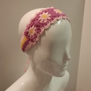 Granny Square Headband Flower Crochet Handmade Pink Mauve Yellow Boho